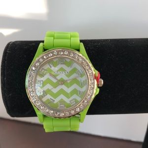 Ladies Geneva watch, lime green chevron, jewels